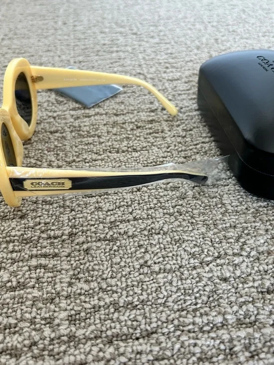 Coach Round Pale Yellow Frame Sunglasses with Black Temples - Picture 3 of 4